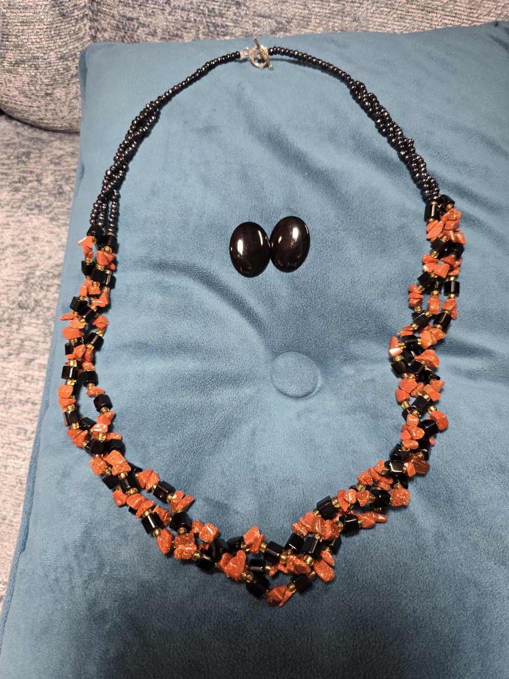 Black Onyx & Sandstone Brown & Orange Beaded Twist Necklace 28" and Earring Set
